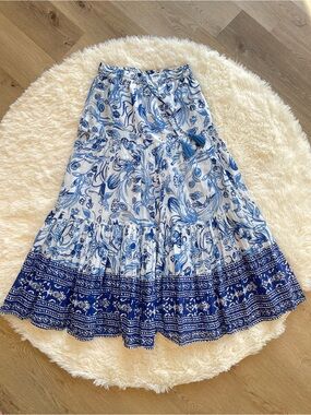 Blue & White Printed Tiered Maxi Skirt - Lightweight Boho Style